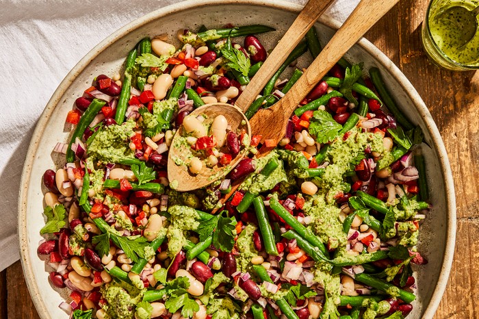 40 Dairy-Free Recipes Large Bowl of Green Beans, Kidney Beans and Pomegranate Seeds