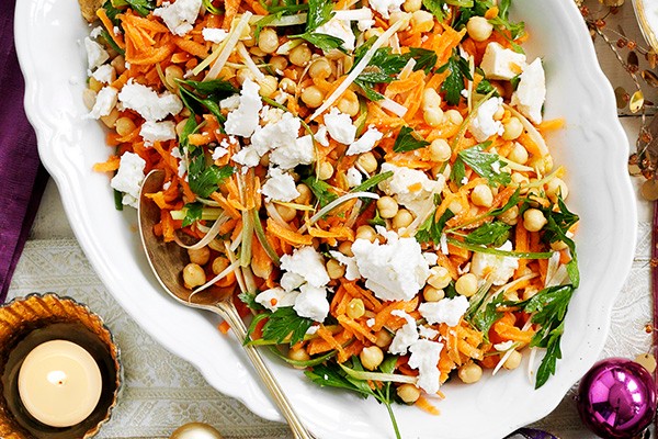 Carrot Salad Recipe with Chickpeas Carrot Salad Recipe with Chickpeas served on an oval white serving plate