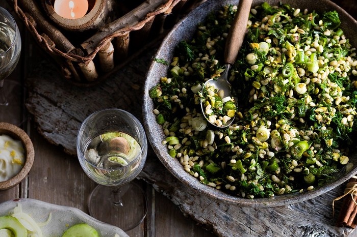 Green barley with kale, pistachios and mint recipe Green pearl barley with pistachios and kale