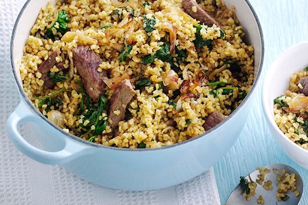 Healthier lamb and spinach bulgar wheat pilaf Healthier lamb and spinach bulgar wheat pilaf