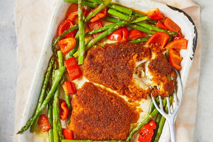 Roast Haddock Traybake Recipe With Chorizo Crust Roasted haddock with chorizo crust, asparagus and peppers