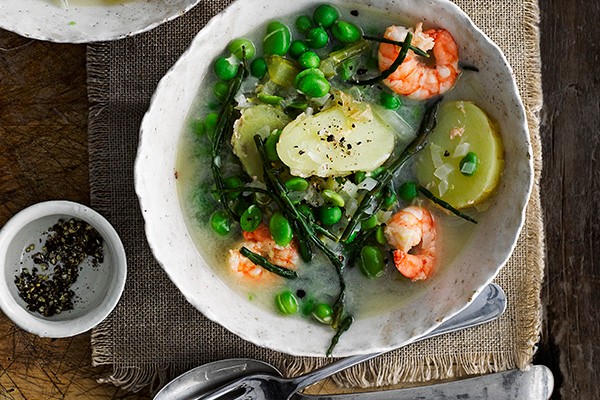 Jersey Royals Spring Soup Recipe A bowl of Jersey Royals Spring Soup with prawns