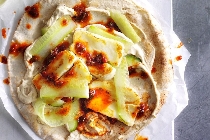 Quick halloumi flatbreads with harissa dressing Quick halloumi flatbreads with harissa dressing