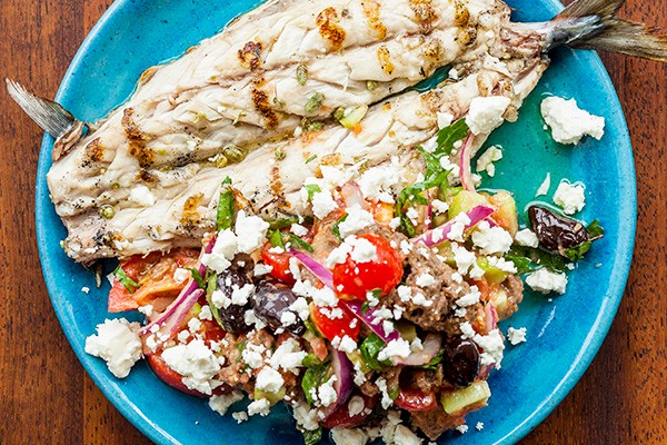 Grilled Sea Bass with Cretan Salad, Tomato, Oregano and Feta Grilled Sea Bass with Cretan Salad, Tomato, Oregano and Feta