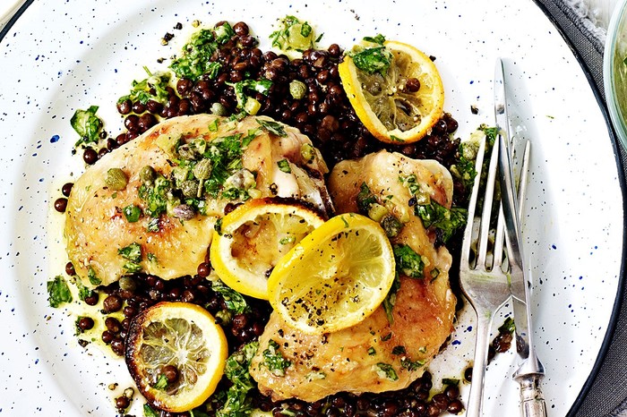 Quick roast chicken and lentils with salsa verde Quick roast chicken and lentils with salsa verde