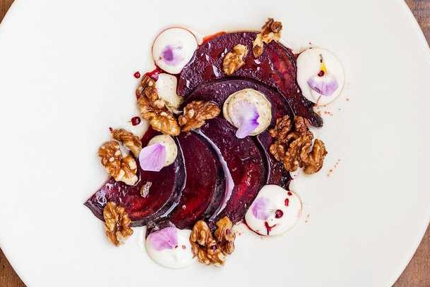 Salt-baked beetroot, smoked aubergine, goat’s cheese and walnuts Salt-baked beetroot, smoked aubergine, goat’s cheese and walnuts