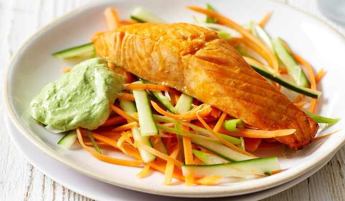 Healthy Working From Home Lunch Ideas Sriracha Salmon with Avocado Cream and Shredded Vegetables