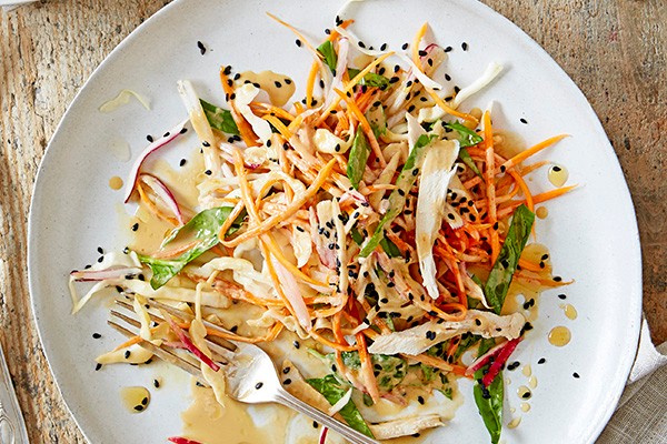 Japanese Chicken Salad Recipe Shredded veg and chicken salad with Japanese sesame dressing