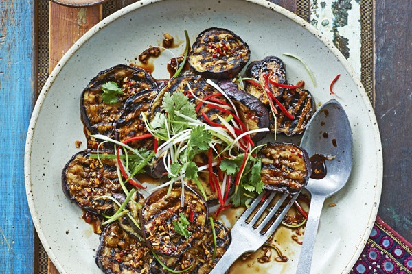 Malay-grilled aubergine with ketjap manis, lime and spring onion Malay-grilled aubergine with ketjap manis, lime and spring onion