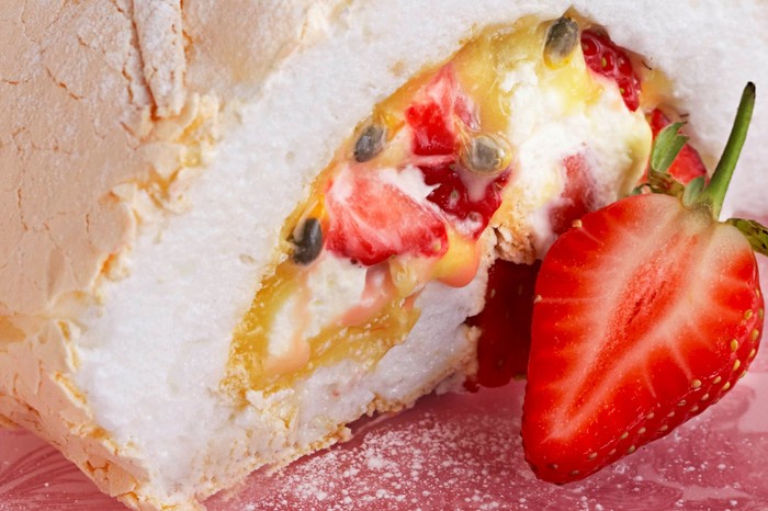 Strawberry and passion fruit meringue roulade Strawberry and passion fruit meringue roulade