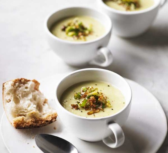 Leek and Potato Soup Recipe Three cups of leek and potato soup, topped with croutons