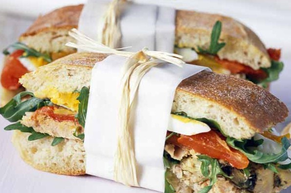 Tuna sandwich Two tuna and salad ciabatta sandwiches, wrapped and tied up
