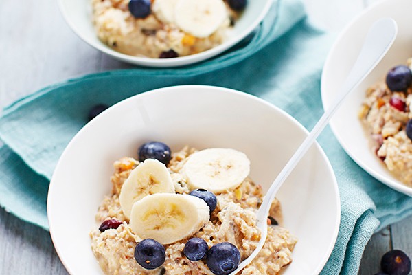 Bircher Muesli with Chia Seeds Bowl of Bircher Muesli with Blueberries, Banana andChia Seeds