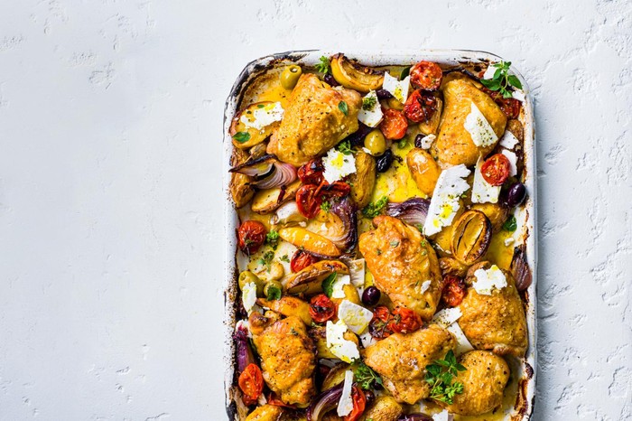 Healthy summer recipes Mediterranean Chicken and Vegetables in a Roasting Tin