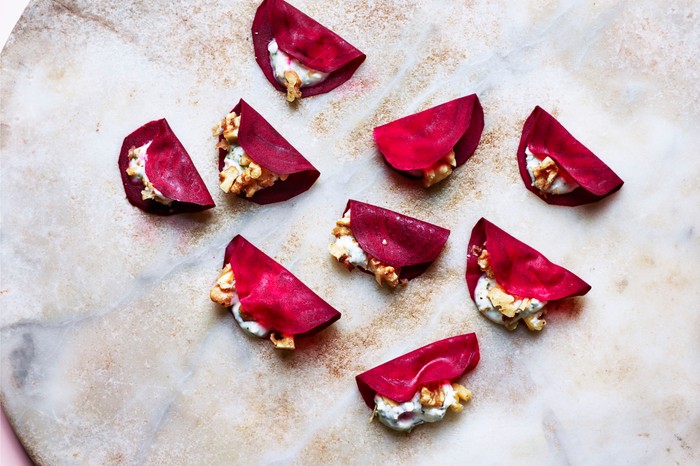 Mini Beetroot Taco Recipe Pickled beetroot mini tacos with goat's cheese and walnuts