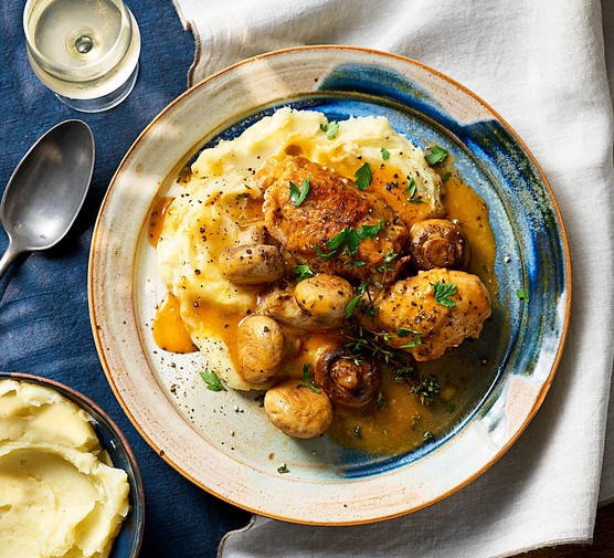 Chicken Chasseur Recipe A chicken chasseur with cheese and roasted garlic mash