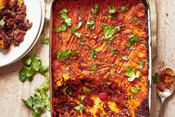 A cottage pie topped with sweet potato mash