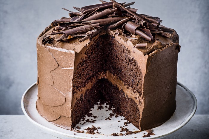 Ultimate chocolate fudge cake A large chocolate fudge cake on a white plate