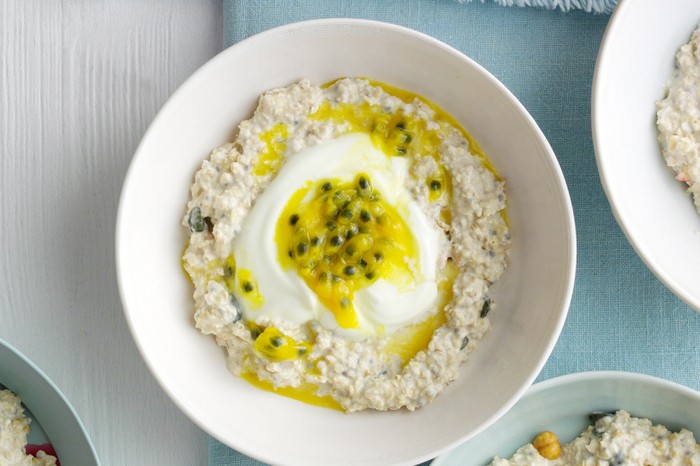 40 Dairy-Free Recipes A Bowl of Coconut Overnight Oats topped with Yogurt and Passionfruit