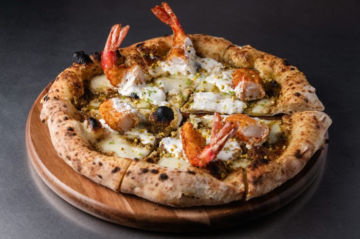 Unlock, Hackney Wick A neapolitan pizza topped with mozarella and panko tempura prawns