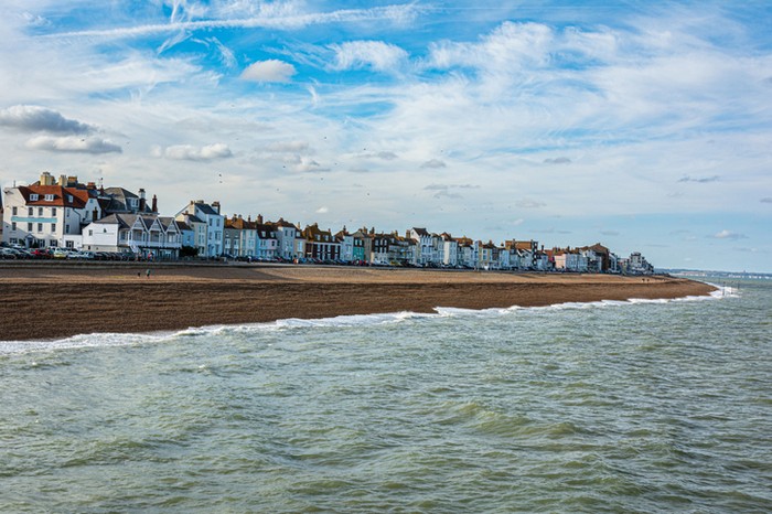 Deal view from the beach, Kent, England, UK View of the town of Deal from the pebble beach, Kent, England, UK