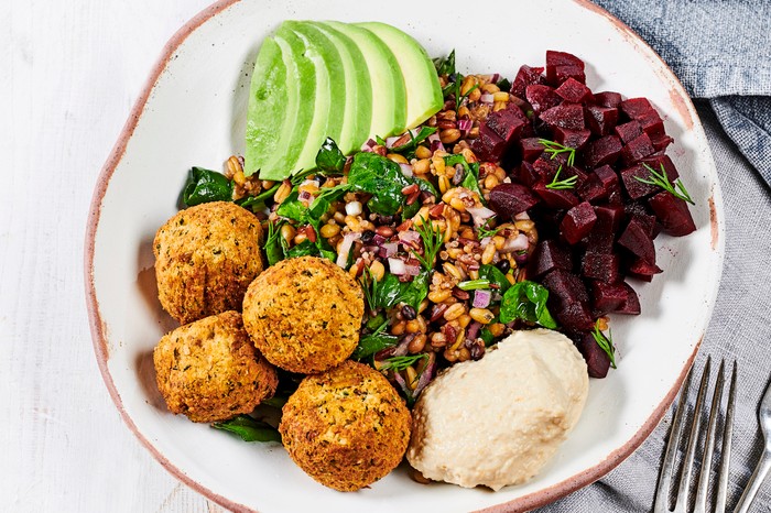 No cook healthy recipes Falafel, Beetroot, Hummus and Grains in a Bowl