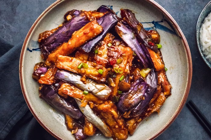Fish-frangrant-aubergine Plate of aubergines in a sticky sauce
