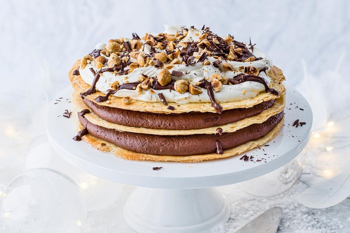 Chocolate and hazelnut millefeuille cake