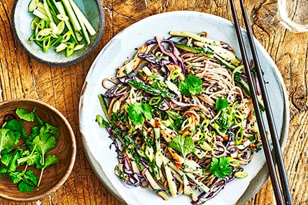 Anti-inflammatory recipes A sesame and chicken noodle salad with chopsticks and sides of spring onion and herbs
