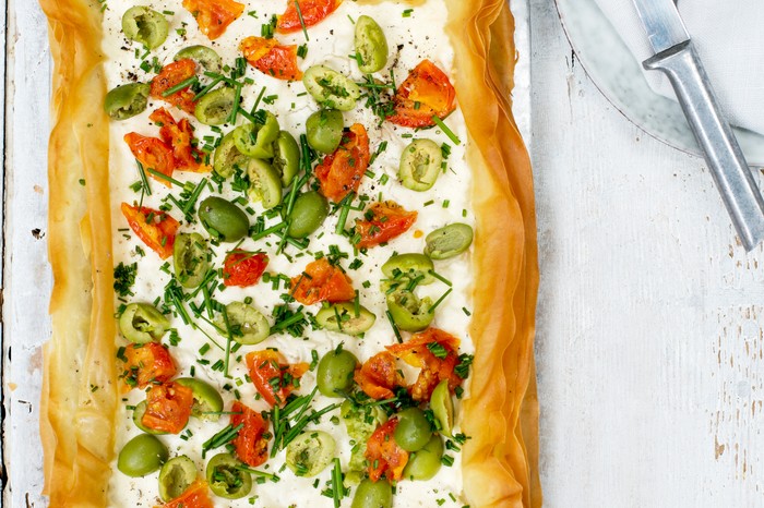 Goat’s Cheese, Olive And Tomato Tart Recipe Goat's curd tart with olives and tomatoes
