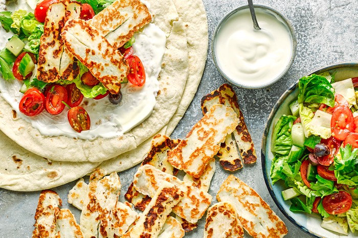 Healthy summer recipes Halloumi and Greek Salad Wraps with Yogurt on the Side