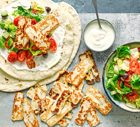 Healthy summer recipes Halloumi and Greek Salad Wraps with Yogurt on the Side