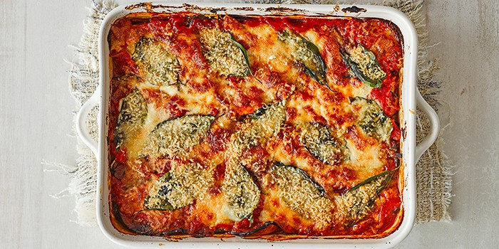 Healthy Aubergine Parmigiana Healthy Aubergine Parmigiana in a White Baking Dish