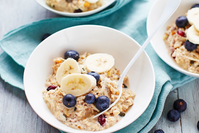 Healthy Bircher Muesli Bowl of Bircher Muesli with Blueberries, Banana and Chia Seeds