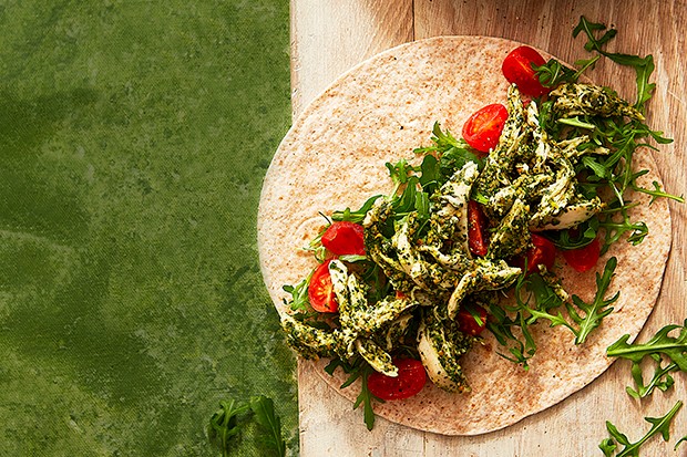 Healthy Working From Home Lunch Ideas Herby Grilled Chicken Wraps with Rocket and Tomatoes