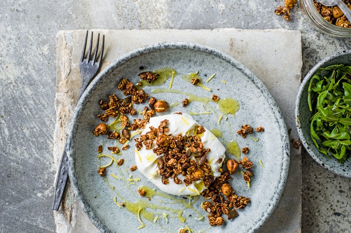 35 Easy Starter Recipes For Dinner Party Starters Burrata Cheese Recipe with Savoury Granola Burrata Cheese Recipe with Savoury Granola