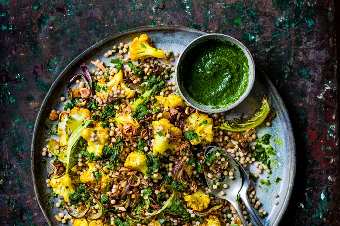40 vegetarian salad recipes Roasted cauliflower and couscous salad with zhoug and crispy shallots