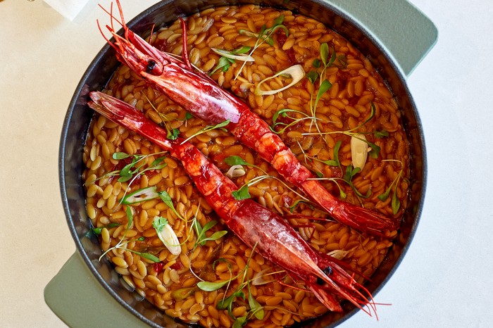 JOIA Carabineros prawns: Orzo, bisque, coriander