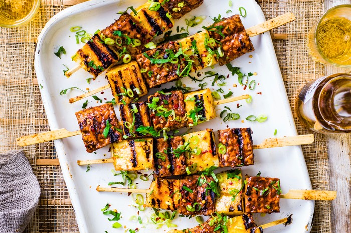 Healthy summer recipes Pineapple Kebabs with Tempeh on a White Plate