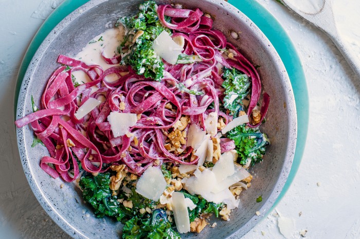 Beetroot Tagliatelle With Kalettes, Garlic And Cream Recipe Beetroot Tagliatelle With Kalettes, Garlic And Cream Recipe