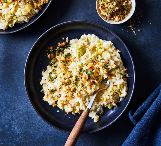40 leek recipes Leek risotto in a bowl topped with fried anchovy and breadcrumbs