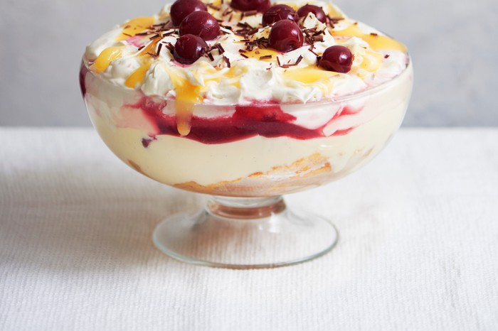 Lemon Trifle Recipe A large lemon trifle topped with cherries