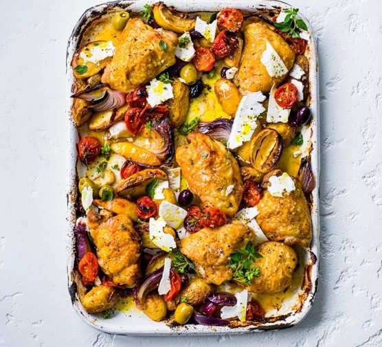 32 healthy chicken recipes Mediterranean Chicken and Vegetables in a Roasting Tin