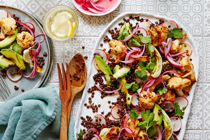 40 vegetarian salad recipes A platter topped with roasted cauliflower, lentils and slices of avocado