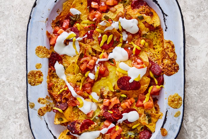 Caramelised onion and chorizo nachos Caramelised onion and chorizo nachos