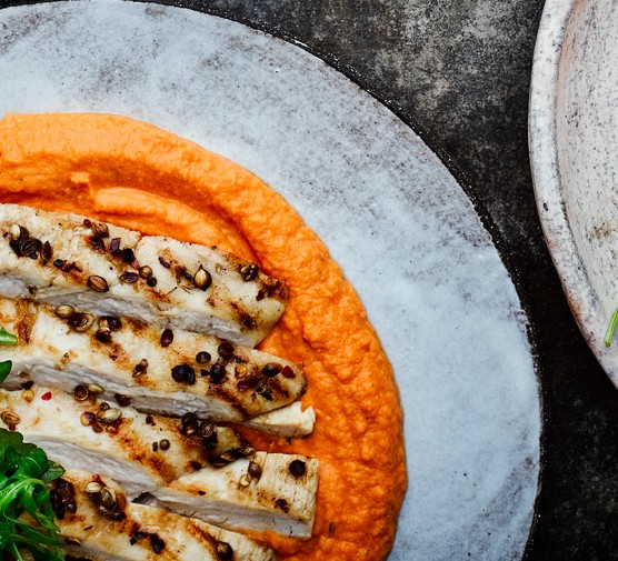 27 healthy chicken breast recipes Chicken and hummus on a plate