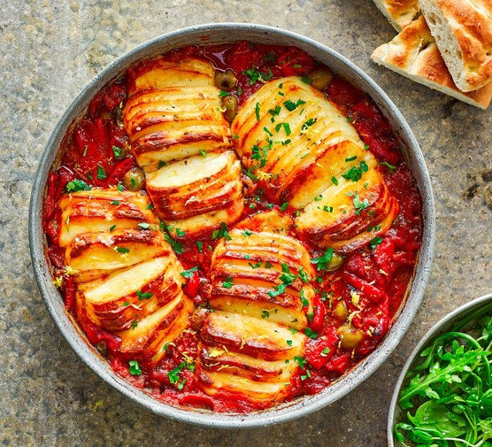 Hasselback Halloumi Bake Recipe Hasselback halloumi in a tomato sauce, served in a round baking tin