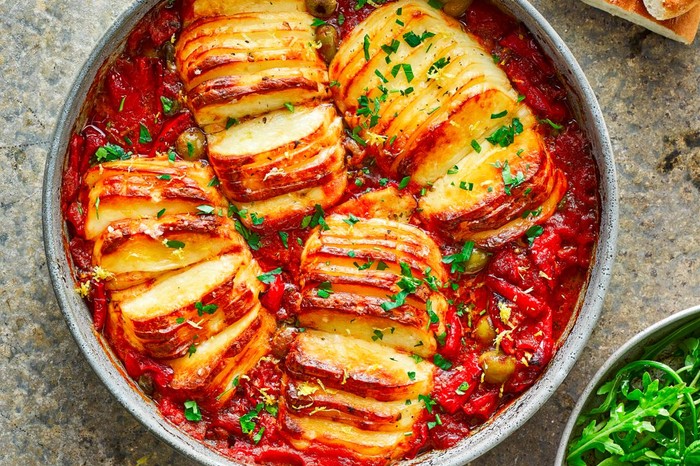 Hasselback Halloumi Bake Recipe Hasselback halloumi traybake