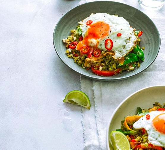 Thai style broccoli fried rice in a bowl