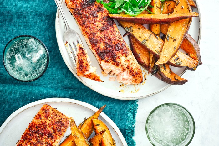 Top 10 healthy salmon recipes Cajun salmon with rosemary sweet potato wedges